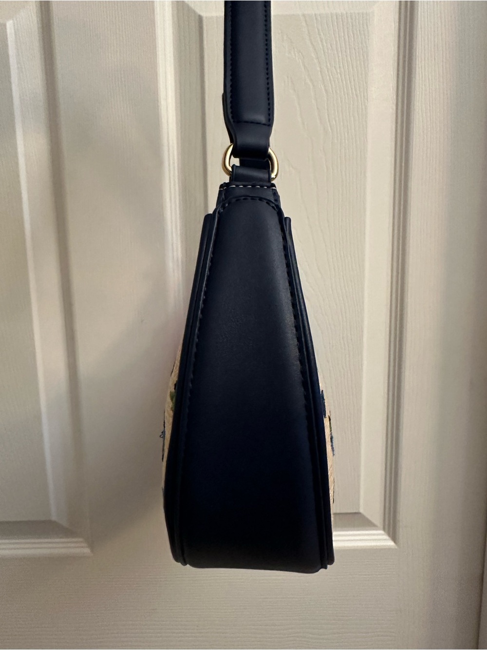 Betsey Johnson Navy Trim Straw Shoulder Bag with a Blue Pom Pom Charm - Picture 3 of 16